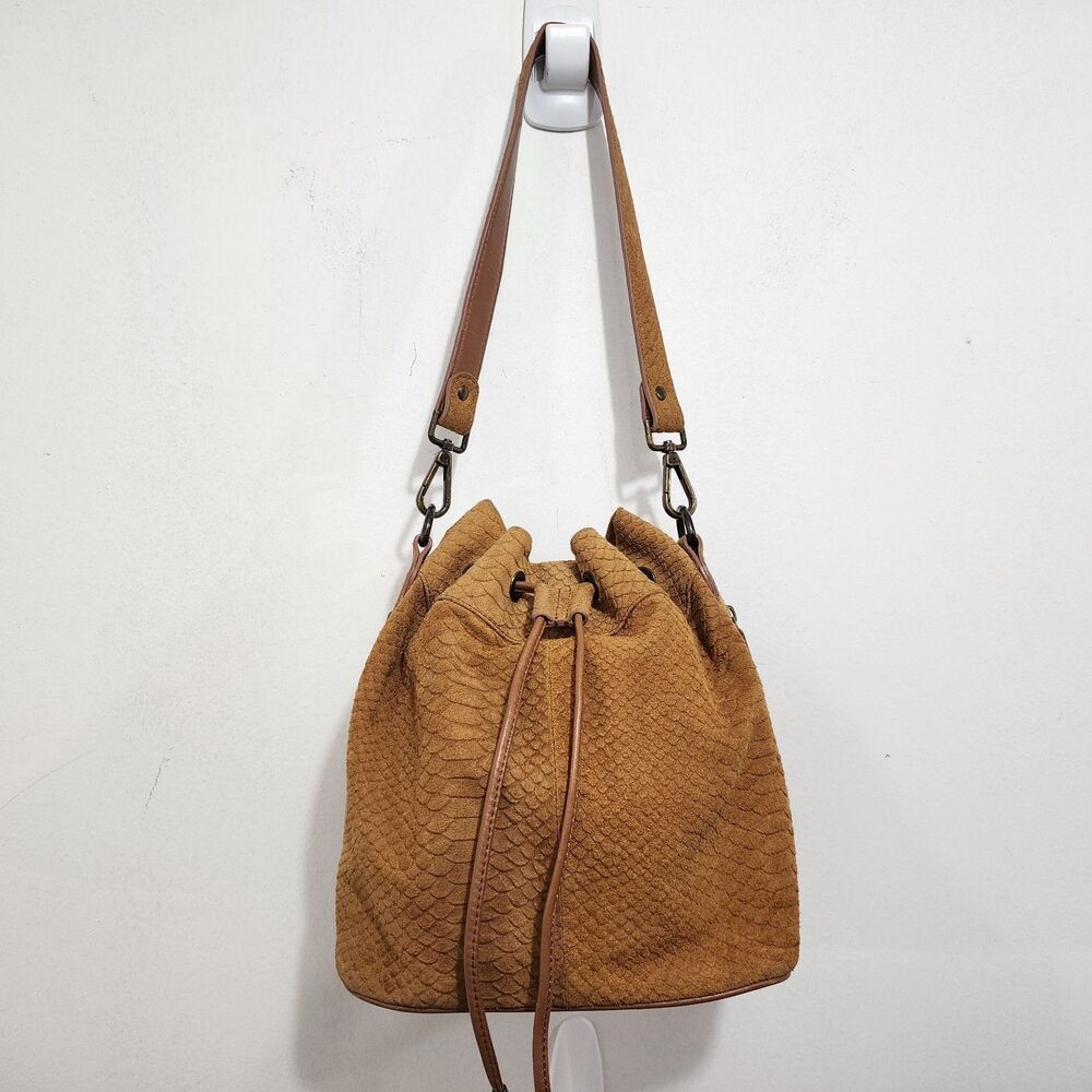 Chinese Laundry Suede Leather Snake Shoulder Bucket Bag Tan Brown Drawstring 9x6